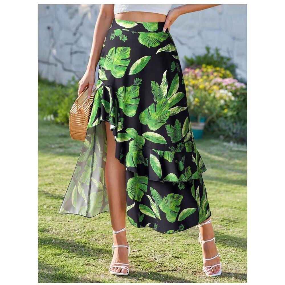 Ezcosplay Women High Waisted Hawaiian Tropical Floral Maxi Skirt Ruffle - Picture 6 of 13